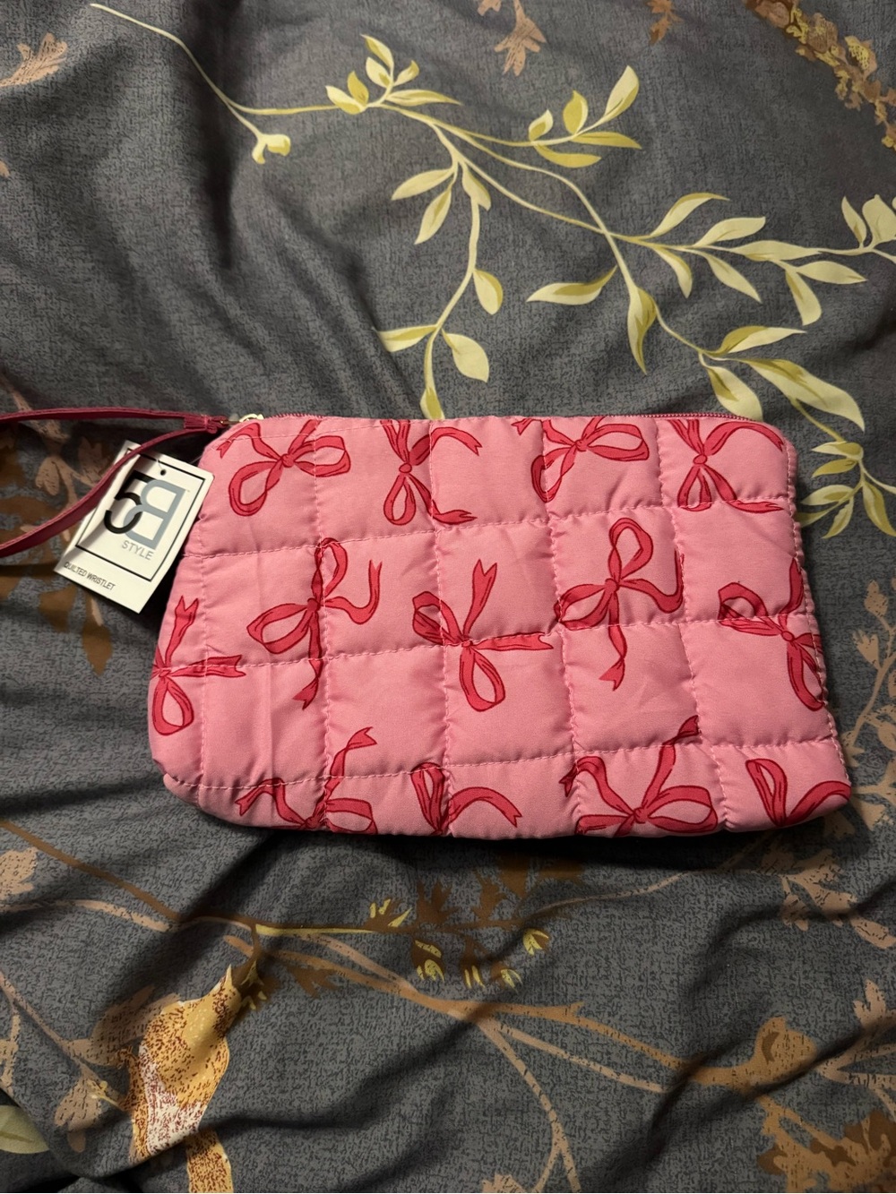 Pink Quilted Wristlet with Red Bow Print